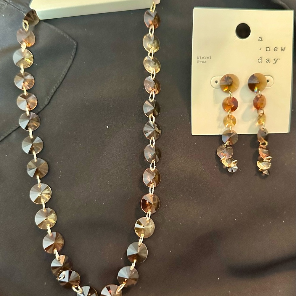 NWT A New Day Beaded Linear Earrings & Stone Beaded Necklace Set, Brown & Gold